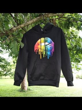 Black Hoodie with Rainbow Dripping Lips Graphic
